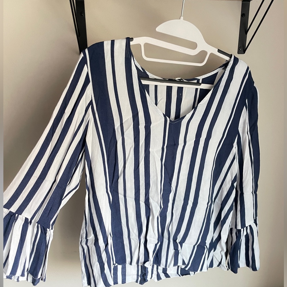 flowy blue and white v neck top